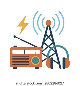 Radio Communication Network Illustration Containing radio transmitter, wireless signal, broadcasting technology, and flat illustration. Flat illustration
