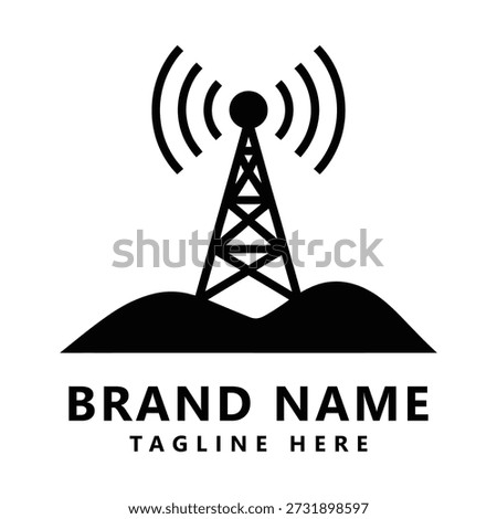 Radio communication tower broadcasting signal on hill telecommunication infrastructure icon
