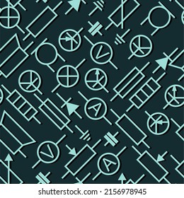 Radio component. Radio electronic circuit. Resistor, transistor, diode and capacitor. Symbolic designation. Seamless pattern. Vector.