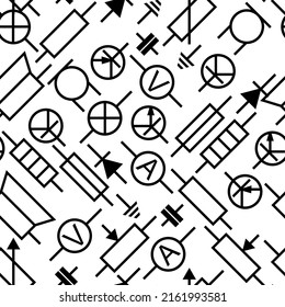 Radio component. Radio electronic circuit. Symbolic designation. Isolated on white background. Resistor, transistor, diode and capacitor. Seamless pattern. Vector.
