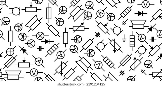 Radio component. Radio electronic circuit. Symbolic designation. Isolated on white background. Resistor, transistor, diode and capacitor. Seamless pattern. Vector.