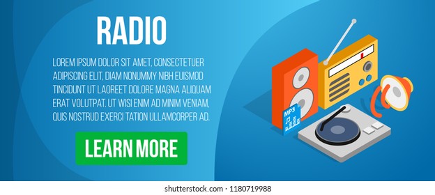 Radio concept banner. Isometric banner of radio vector concept for web, giftcard and postcard