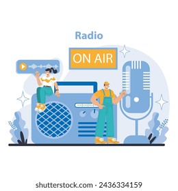 Radio concept. Live audio streaming and entertainment. On-air programming and sound production. Cultural impact of radio media. Flat vector illustration.