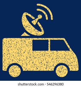 Radio Control Car grainy textured icon for overlay watermark stamps. Flat symbol with unclean texture. Dotted vector yellow ink rubber seal stamp with grunge design on a blue background.
