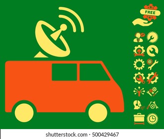 Radio Control Car icon with bonus configuration clip art. Vector illustration style is flat iconic symbols, orange and yellow colors, green background.