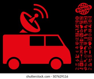 Radio Control Car icon with bonus calendar and time service pictograms. Vector illustration style is flat iconic symbols, red color, black background.