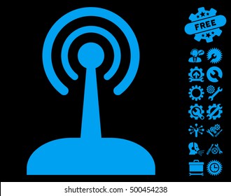 Radio Control Joystick pictograph with bonus options pictograms. Vector illustration style is flat iconic symbols, blue color, black background.