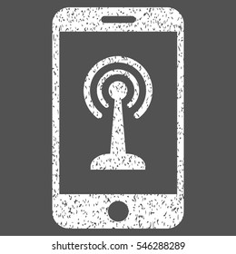 Radio Control Smartphone grainy textured icon for overlay watermark stamps. Flat symbol with dirty texture. Dotted vector white ink rubber seal stamp with grunge design on a gray background.