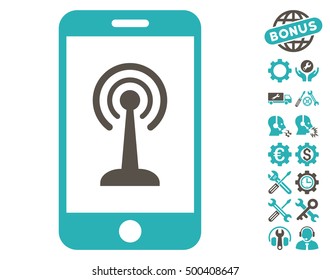 Radio Control Smartphone icon with bonus configuration design elements. Vector illustration style is flat iconic symbols, grey and cyan colors, white background.