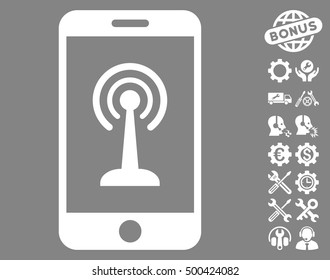 Radio Control Smartphone icon with bonus configuration images. Vector illustration style is flat iconic symbols, white color, gray background.