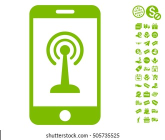 Radio Control Smartphone icon with free bonus pictograms. Vector illustration style is flat iconic symbols, eco green color, white background.