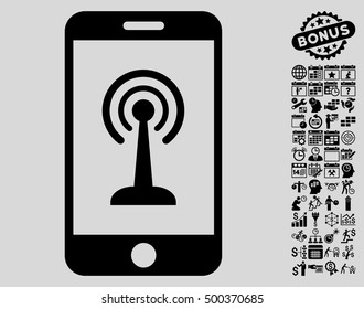 Radio Control Smartphone pictograph with bonus calendar and time management graphic icons. Vector illustration style is flat iconic symbols, black color, light gray background.
