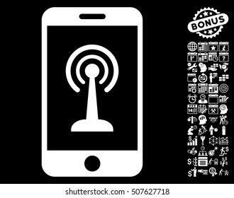 Radio Control Smartphone pictograph with bonus calendar and time service pictures. Vector illustration style is flat iconic symbols, white color, black background.