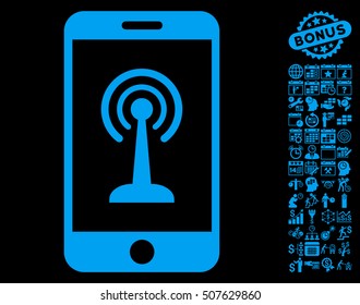 Radio Control Smartphone pictograph with bonus calendar and time service pictures. Vector illustration style is flat iconic symbols, blue color, black background.