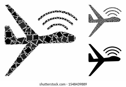 Radio Control Uav Mosaic Of Rough Elements In Variable Sizes And Shades, Based On Radio Control Uav Icon. Vector Raggy Elements Are Organized Into Collage.