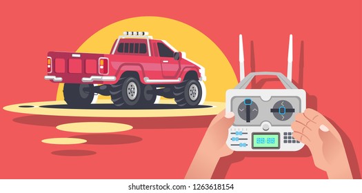 Radio controlled car, machine, RC, radio controlled toys design. Remote control in hand. Isolated vector illustration on red coral background