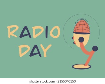 día de radio. micrófono en un estrado. inscripción. ilustración plana