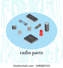 radio details. Set of vector radio components. Background with electrical circuit.