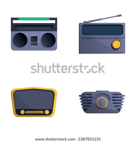 Radio device icons set cartoon vector. Vintage radio tuner. Old radio