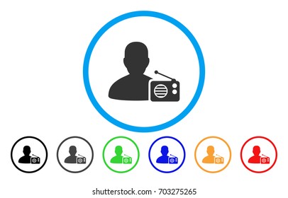 Radio Dictor vector rounded icon. Image style is a flat gray icon symbol inside a blue circle. Bonus color versions are gray, black, blue, green, red, orange.