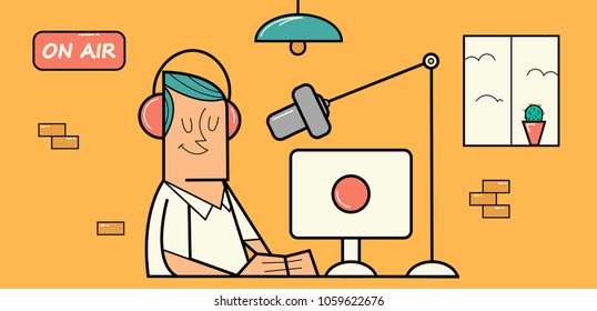 Radio DJ on air, vector illustration