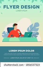 Radio DJ in studio. Man in headphones sitting at microphone and laptop flat vector illustration. Workplace, on air, broadcasting concept for banner, website design or landing web page