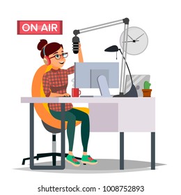 Radio DJ Woman Vector. Broadcasting. Modern Radio Station. Female Speak Into The Microphone. On Air. Broadcasting. Isolated Flat Cartoon Illustration