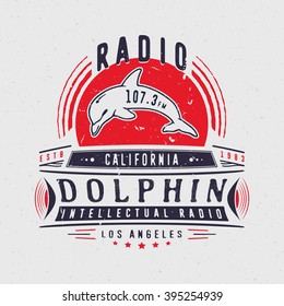  RADIO DOLPHIN. Vintage badge with dolphin. Design fashion apparel textured print. T shirt graphic grunge vector illustration badge label logo template.