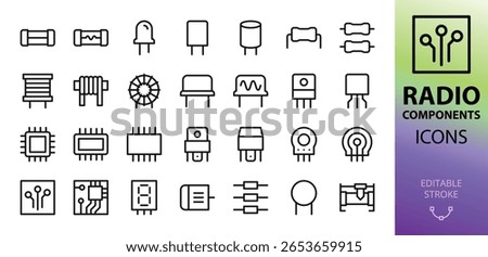 Radio electronic components icons set. Set of fuse, capacitor, resistor, crystal oscillator, inductor, transistor, semiconductor, relay, thermistor, rheostat, display cathode module vector icon