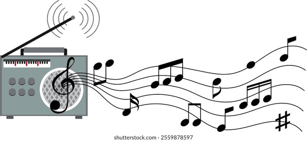 Radio emitting musical notes and sound waves