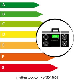 Radio with  energy labels isolated  on white background. Vector illustration.