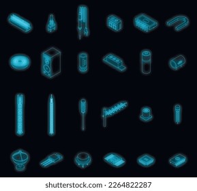 Radio engineer icons set. Isometric set of radio engineer vector icons neon color on black