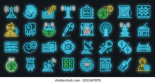 Radio engineer icons set. Outline set of radio engineer vector icons neon color on black