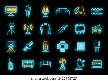 Radio engineer tool icons set. Outline set of radio engineer tool vector icons neon color on black