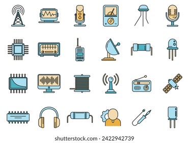 Radio engineer tool icons set. Outline set of radio engineer tool vector icons thin line color flat on white