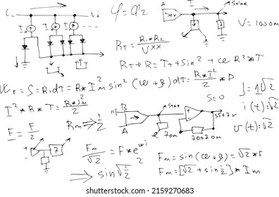 radio engineering schemes. electronic formulas and expressions. scientific and educational background. hand-drawn. vector..