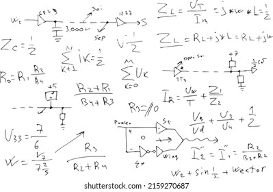 radio engineering schemes. electronic formulas and expressions. scientific and educational background. hand-drawn. vector..