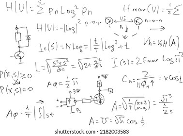 radio engineering schemes. electronic formulas and expressions. scientific and educational background. hand-drawn. vector.. Vector illustration