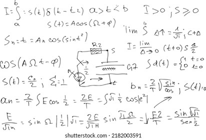 radio engineering schemes. electronic formulas and expressions. scientific and educational background. hand-drawn. vector.. Vector illustration