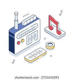 Ilustración de entretenimiento de radio con notas y ecualizador para música o transmisión