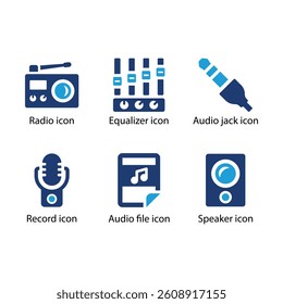 Radio, Equalizer, Audio jack, Record, Audio file, Speaker, Blue Icon Set