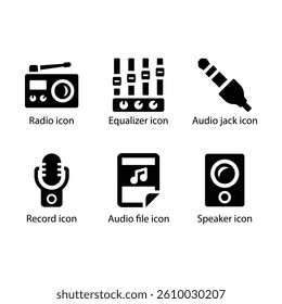 Radio, Equalizer, Audio jack, Record, Audio file, Speaker, Black Icon Set