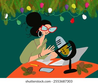 Radio host. Podcast Merry Christmas. Female podcaster holding paper with podcast inscription, speaking to mic, broadcaster at workspace. Vector illustration.