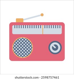 Radio Flat design style, red retro radio with an antenna, representing audio broadcasting, suitable for media content, music-related visuals, and traditional communication themes.
