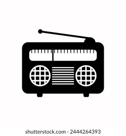 Icono de Vector plano de radio ilustración en blanco y negro sobre fondo blanco. Logotipo de radio de estilo antiguo