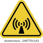 Radio frequency danger sign. Radiation sign. Radiofrequency radiation harmful to health. Sign is used in places with working transmitters, antennas, and radar stations. Warning yellow triangular sign.