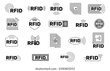 Ícones de radiofrequência. Sinais de identificação. Privacidade e proteção. Linha de chips e antenas. Controle sem fio. Identificar o pictograma do microchip. Linha de vetor