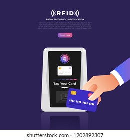 Radio frequency identification illustrations concept. RFID Technology present via working with hands and device connecting. Vector illustrations.