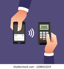 Radio frequency identification illustrations concept. RFID Technology present via the man payment in coffee shop. Vector illustrations.