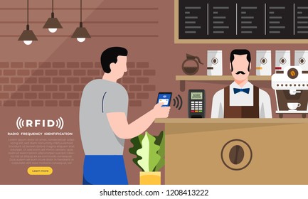 Radio frequency identification illustrations concept. RFID Technology present via the man payment in coffee shop. Vector illustrations.